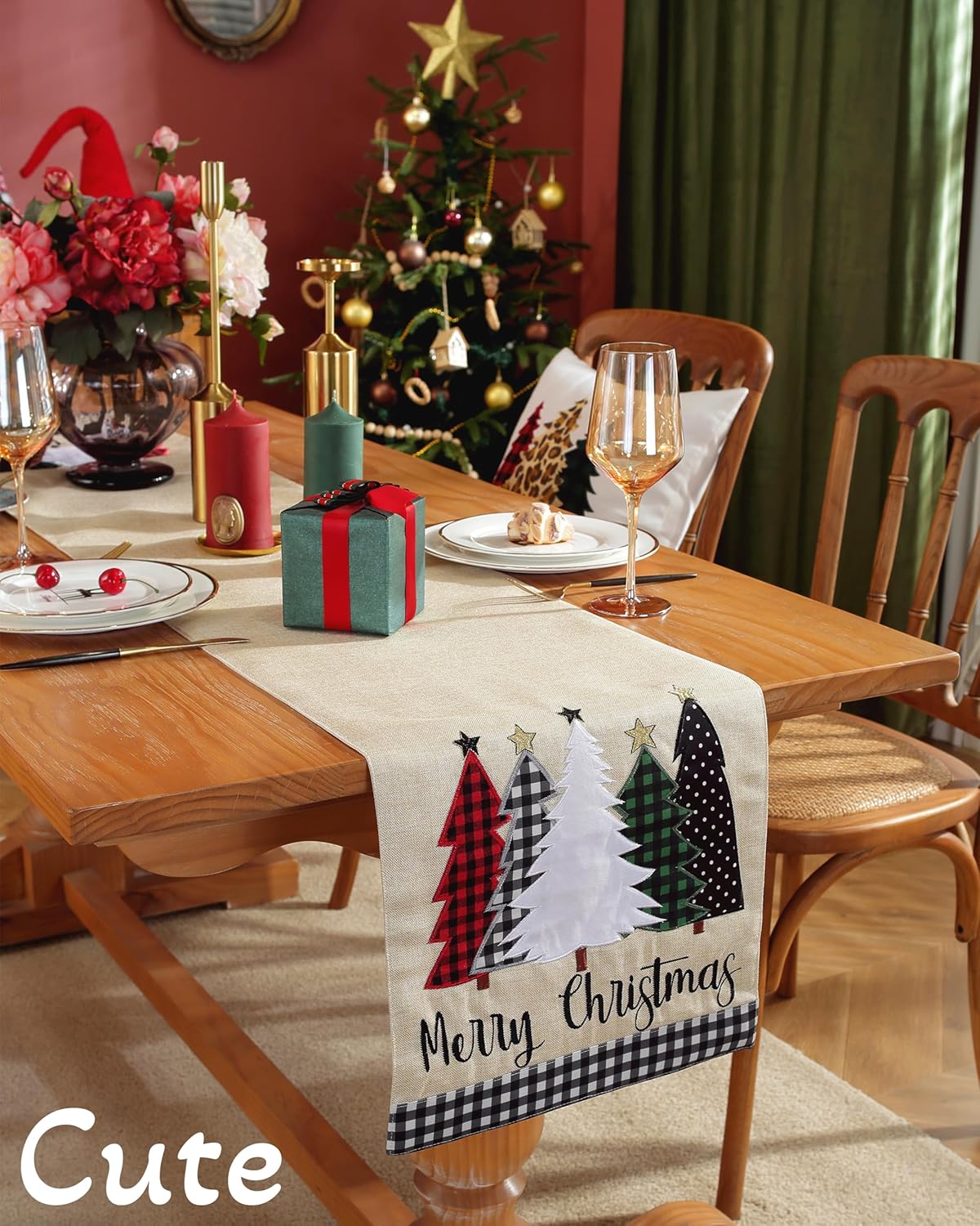Camino de mesa de Navidad de 70 pulgadas de largo con bordado de búfalo a cuadros, patrón de árboles de Navidad de lino, decoración de Navidad para