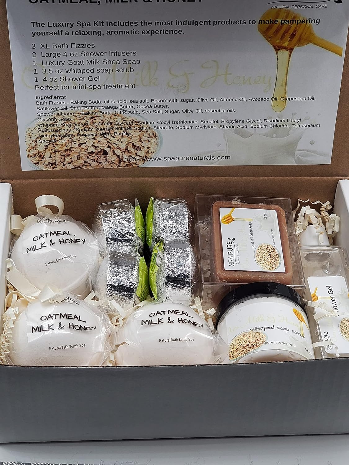 Spa Pure Kit de spa de lujo – Classy Lady 3 XL Bath Fizzies, 2 vaporizadores de ducha XL, exfoliante de jabón batido de 3.5 onzas, jabón de leche de