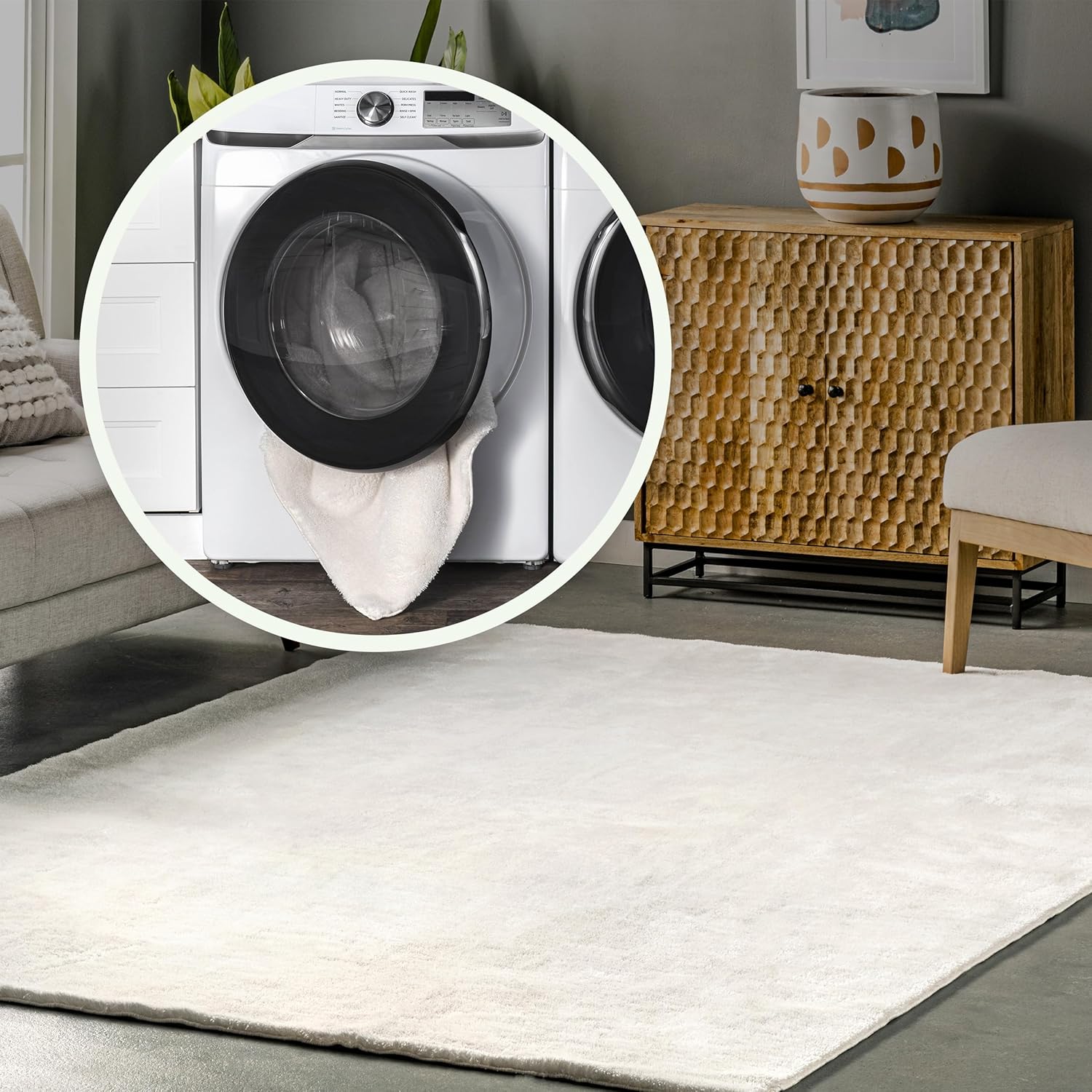 nuLOOM Loni – Alfombra de pelo largo lavable a máquina, 6 cuadrados, lavables a máquina, alfombra de transición blancomarfil, para sala de estar,