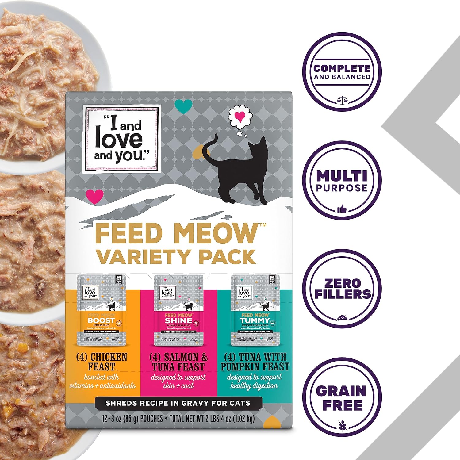 “I and love and you” Feed Meow Wet Cat Food Toppers, Variety Pack (Tummy, Boost, and Shine), Grain Free, No Fillers, 3oz Pouches, Pack of 12 Pouches