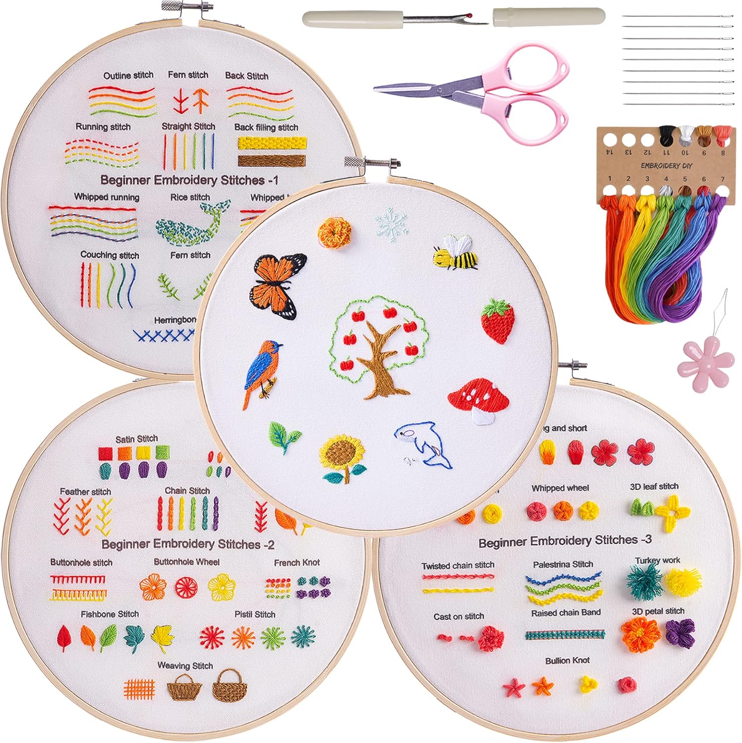 Fanryn Kit de práctica de punto de bordado para principiantes, juego de 4 con patrones de bordado, kit de bordado a mano para niños y adultos