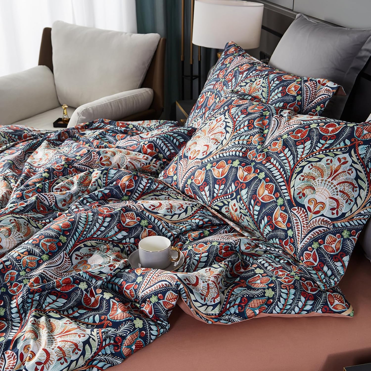 Juego de edredón tamaño King, ropa de cama floral, juego de edredón bohemio, ligero para todas las estaciones, para cama tamaño King, estilo