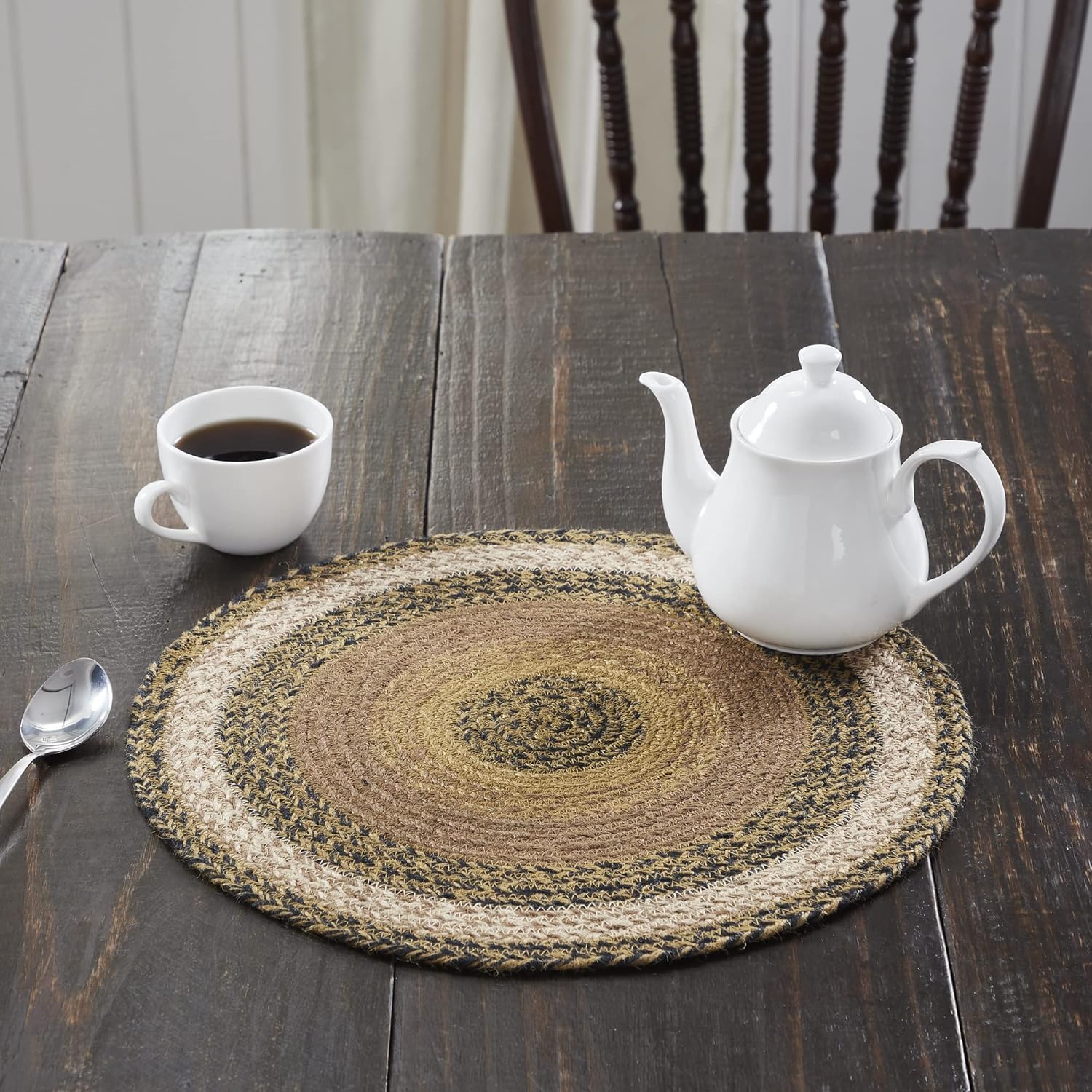 VHC Brands Kettle Grove – Tapete de mesa, soporte para ollas, salvamanteles de yute tejido, 15 pulgadas, redondo, degradado