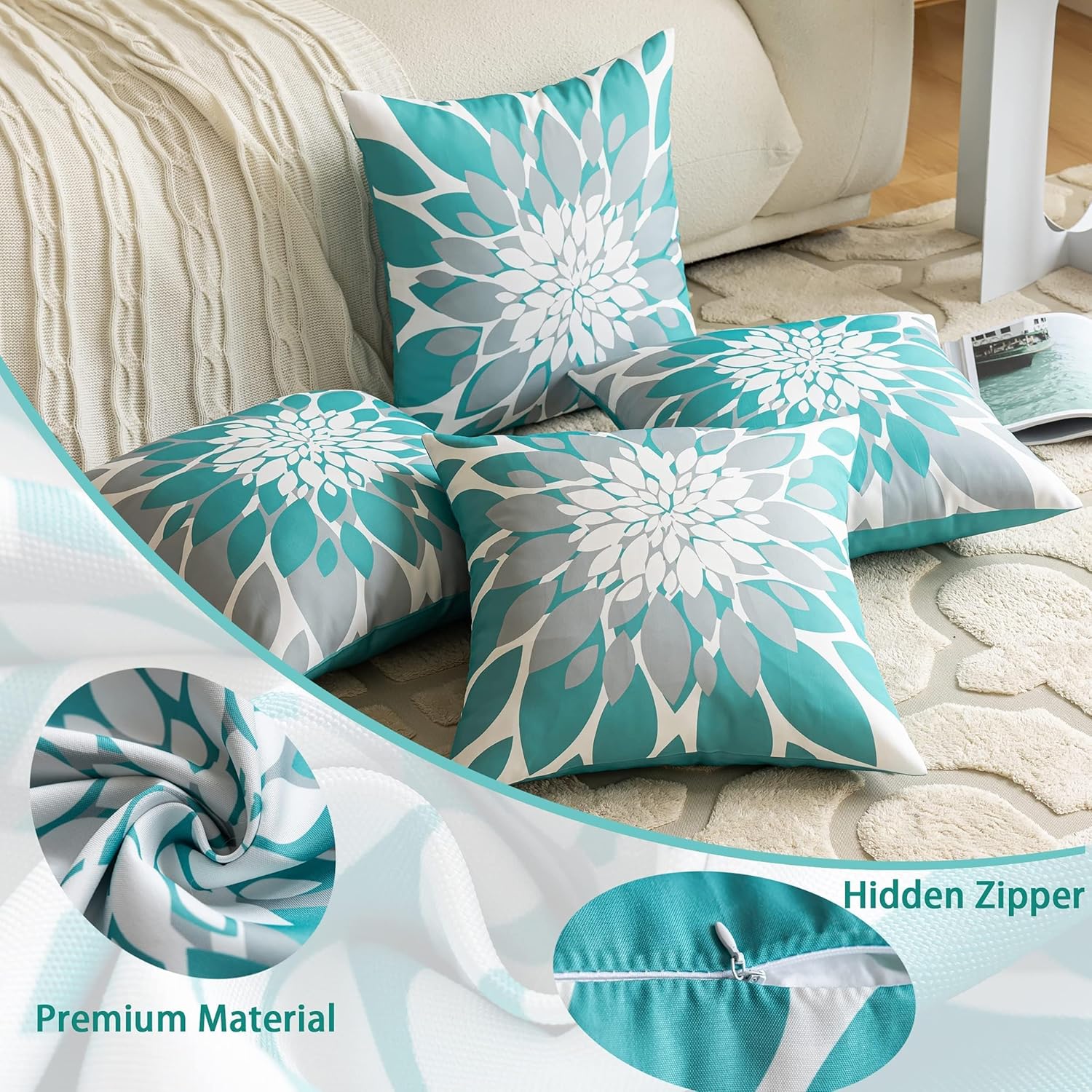 Qahing Paquete de 4 fundas de almohada impermeables para exteriores de 16 x 16 pulgadas, decorativas, cuadradas, para jardín, muebles de patio,