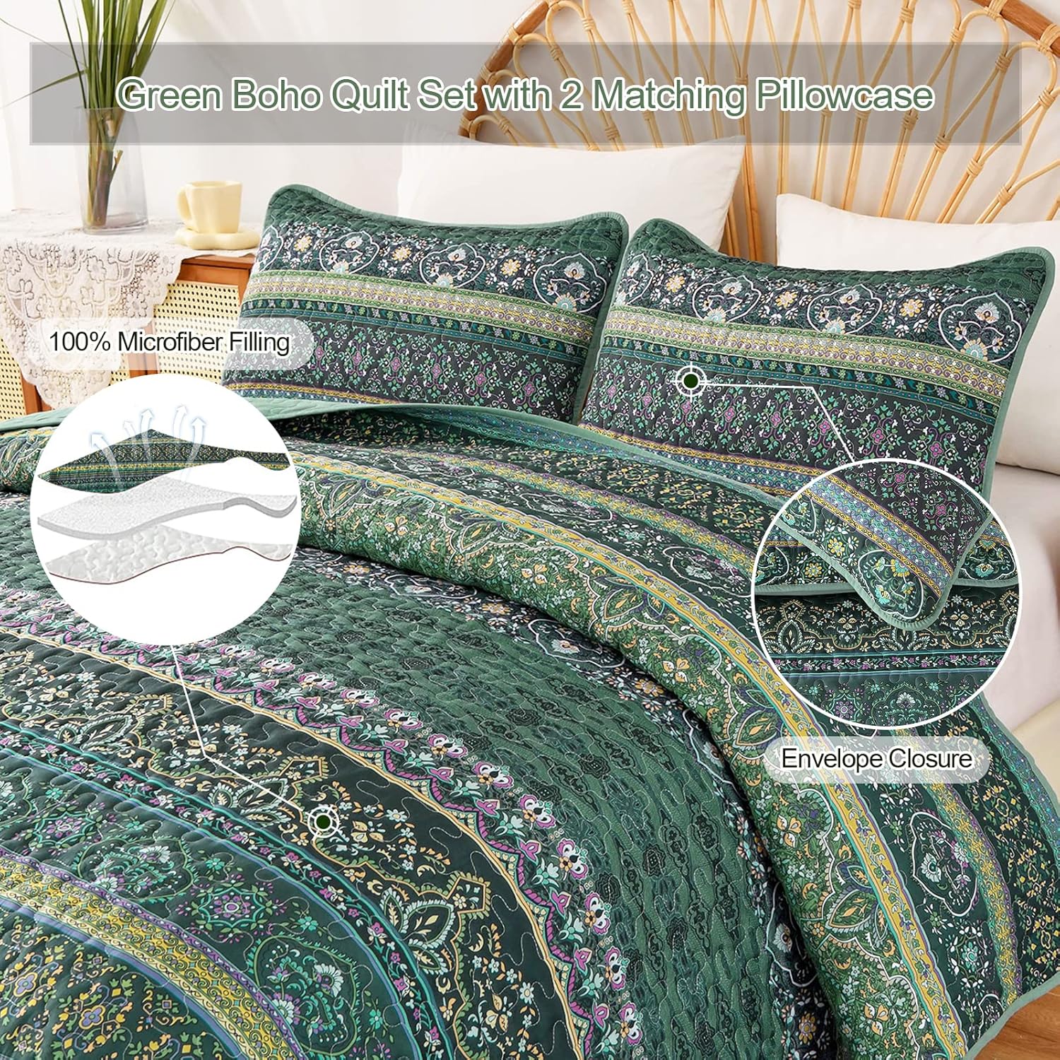 WONGS BEDDING Colcha bohemia tamaño King, edredón bohemio verde King, colcha de microfibra ligera para decoración de cama para todas las estaciones,