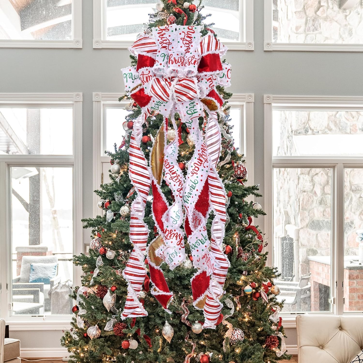 Decoración para árbol de Navidad, lazo de corona de Navidad, 45 x 12 pulgadas, arpillera grande con borde de poliéster blanco y rojo, lazo de regalo