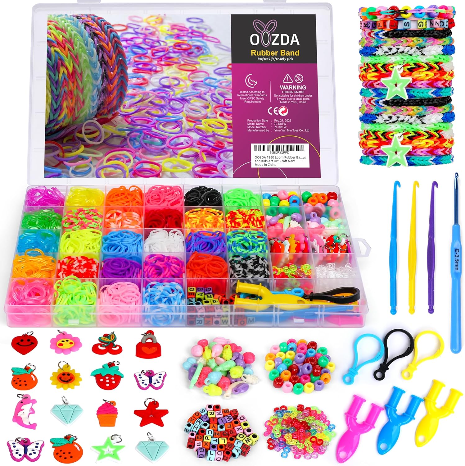 OOZDA Kit de pulsera de banda de goma con un gancho de ganchillo de metal, kit de fabricación de pulseras de telar de 28 colores para niños, kit de