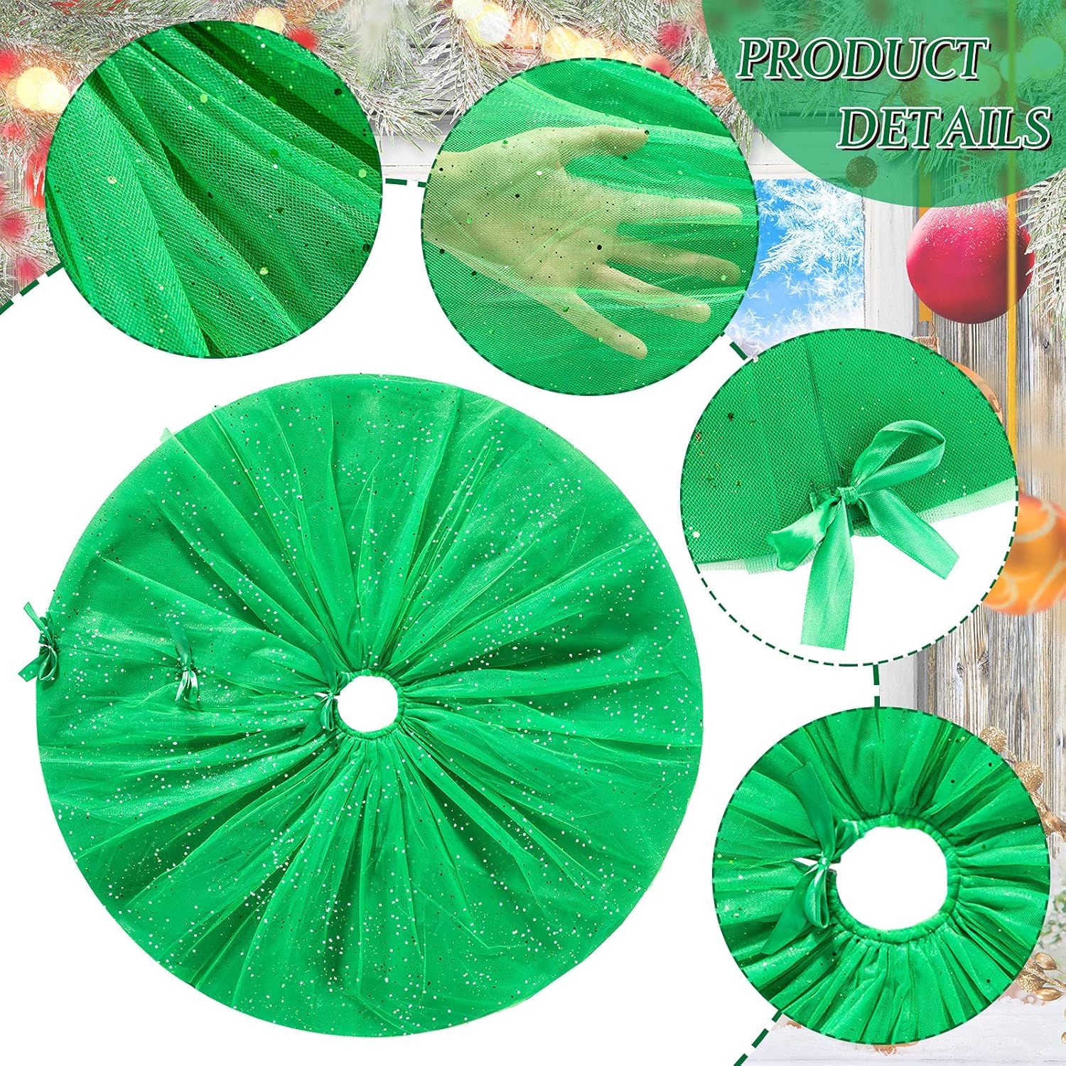 Falda de árbol de Navidad con volantes con brillantina, falda de tul para árbol de Navidad, lentejuelas de doble capa, alfombra redonda para