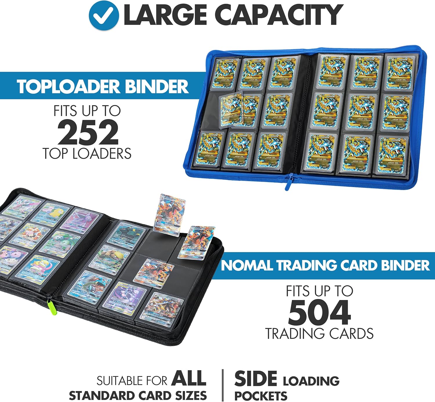Carpeta Toploader para tarjetas coleccionables, paquete de 2 carpetas, carpeta de 9 bolsillos, carpeta de 252 cargadores superiores, 504 carpetas de