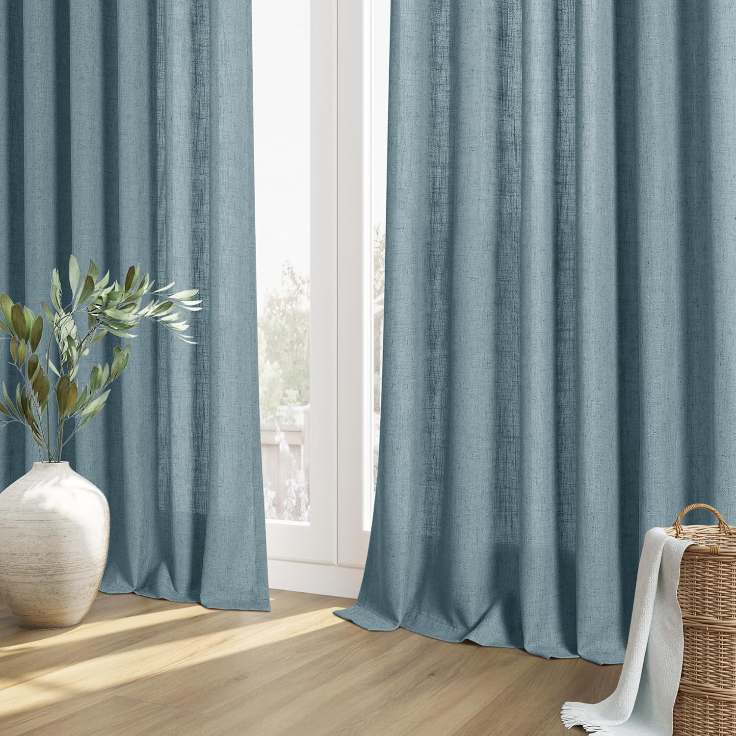Guken Cortinas de lino azul de 108 pulgadas de largo para sala de estar o dormitorio, juego de 2 paneles de cortinas semitransparentes con bolsillo
