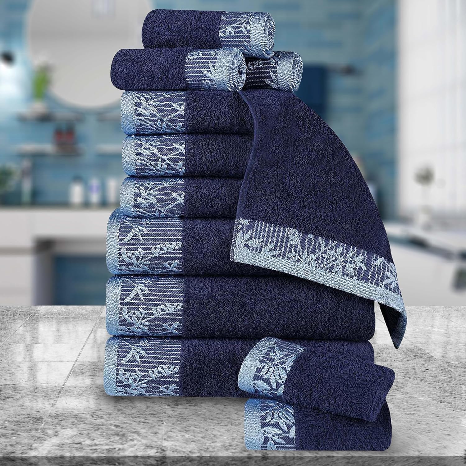 Superior Juego de toallas de algodón de 12 piezas, borde Dobby jacquard floral, secado rápido, baño decorativo, spa, ducha, baño, incluye 3 cuerpos,