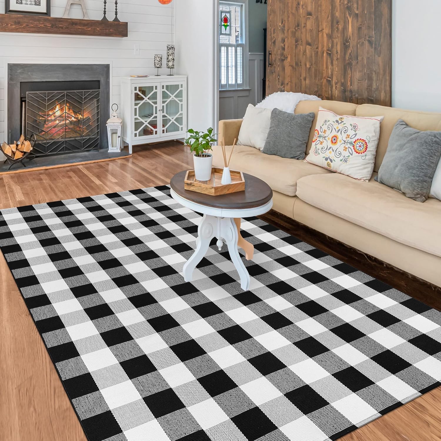 Alfombra de cuadros de búfalo de 5 x 8 pies, alfombra de algodón a cuadros blancos y negros, tejida a mano, lavable para interiores y exteriores,