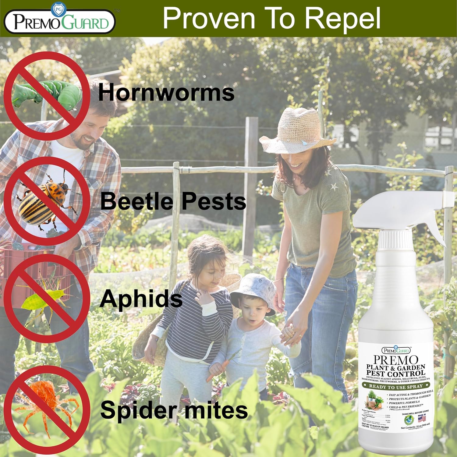 Premo Guard – Spray para control de plagas para plantas y jardines, 32 onzas, mata pulgones, ácaros, mosquitos, moscas blancas, escarabajos, orugas