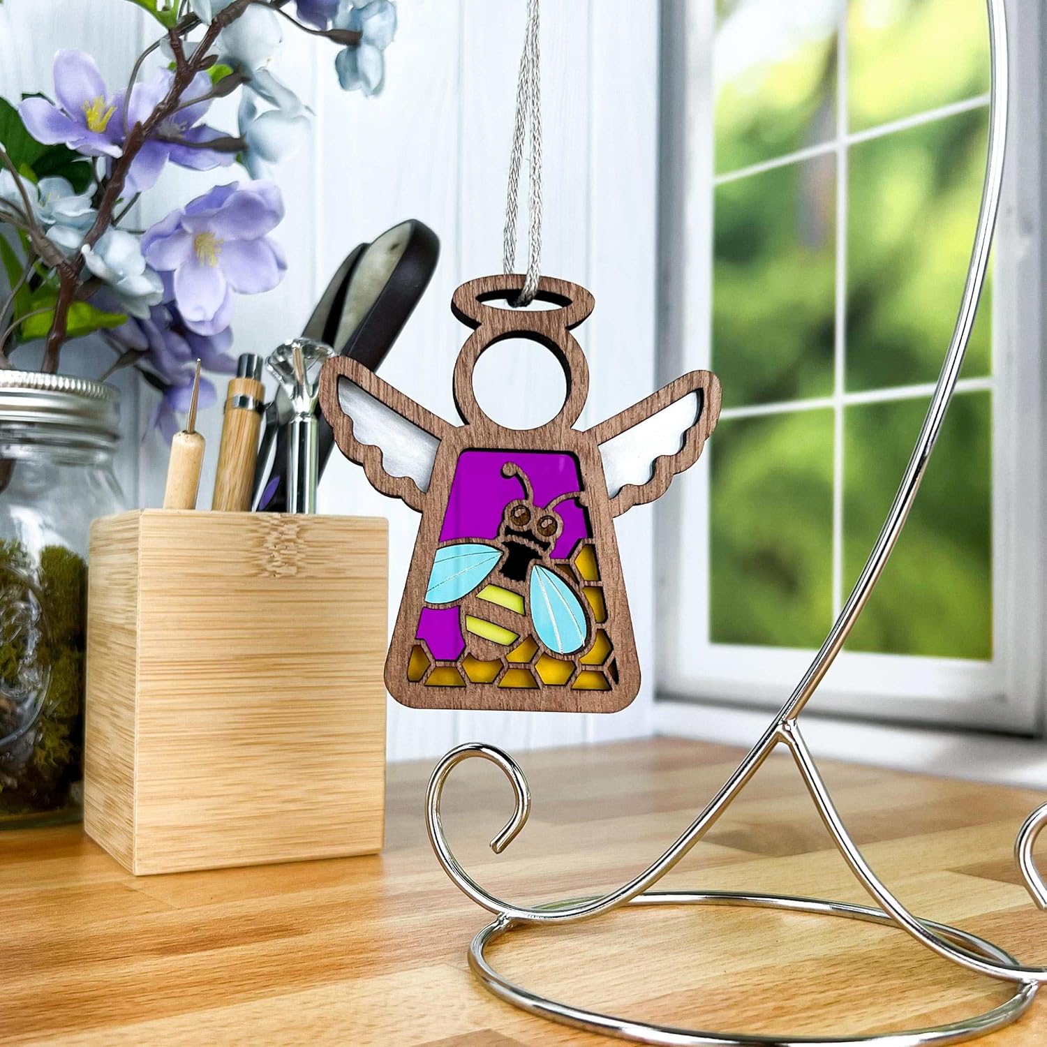 Honey Bee Ornament with Honeycomb Motif Design – Magenta Pink Angel Figurines – Ideal Bee Decor or Bee Kitchen Decor for Mom, Best Friend, Coworker,