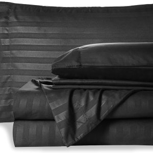 Mocassi Cali King Stripe – Juego de sábanas y fundas de almohada de lujo de hotel de 1800 Premier, sábanas ultrasuaves, transpirables y Mocassi Cali King Stripe – Juego de sábanas y fundas de almohada de lujo de hotel de 1800 Premier, sábanas ultrasuaves, transpirables y