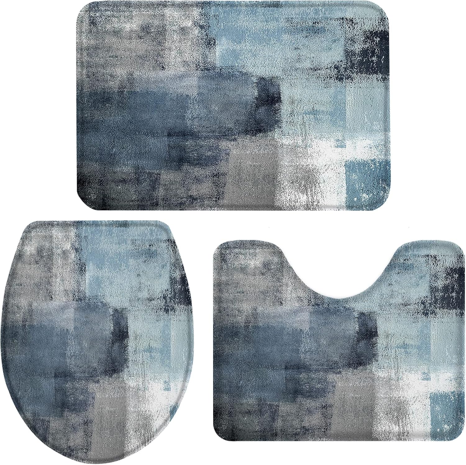 Queenker Juego de 3 alfombras de baño color azul polvoriento, funda para asiento de inodoro, alfombra de contorno, tapete de pedestal y cubierta