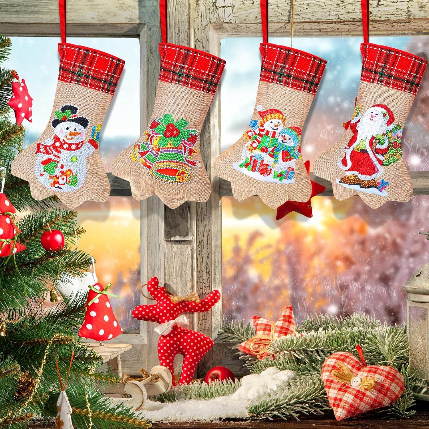 6 juegos de medias de pintura de diamantes 5D de Navidad, calcetín de Navidad, muñeco de nieve, arte de diamantes de Navidad, kits de pintura de