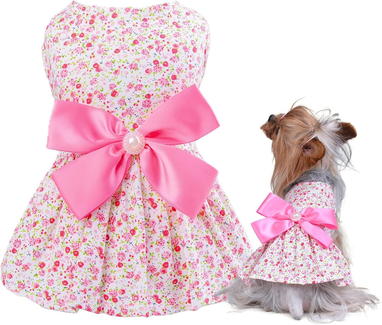 Vestido veraniego de estampado floral y moño para gatas o perritas pequeñas