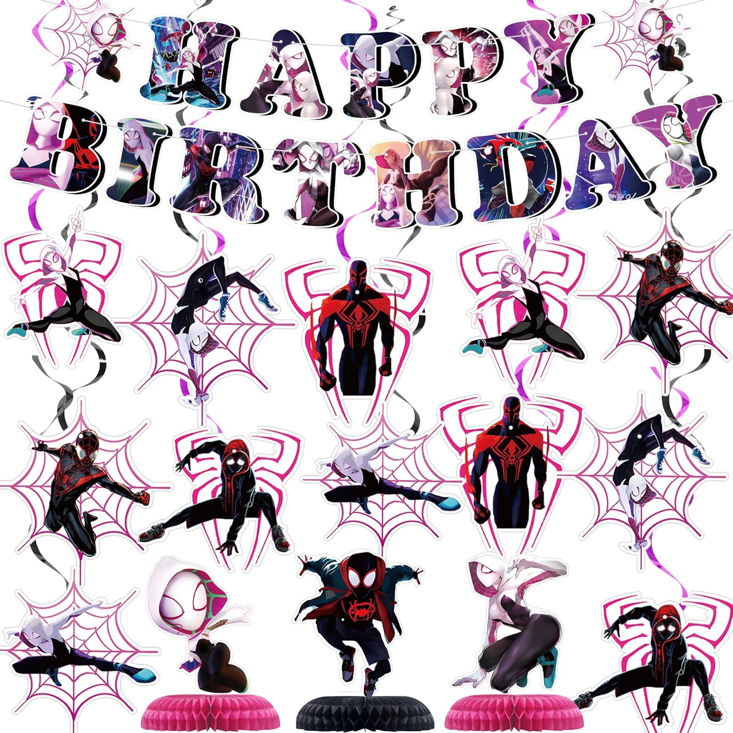Suministros para fiesta de cumpleaños de araña fantasma, suministros de fiesta de Miles Morales, incluye pancartas de feliz cumpleaños, remolinos