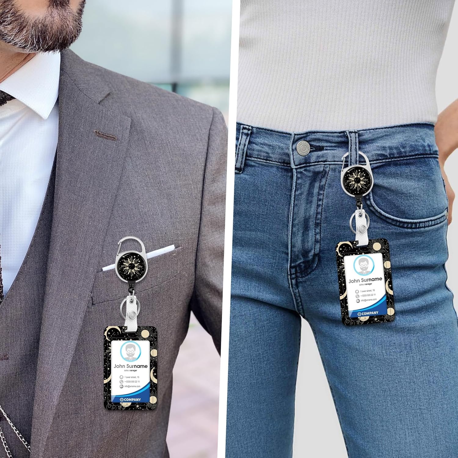 HAKUNEI Soporte para tarjeta de identificación con cordón y clip retráctil para carrete de insignia, luna, sol, tarjeta astrológica, etiqueta de