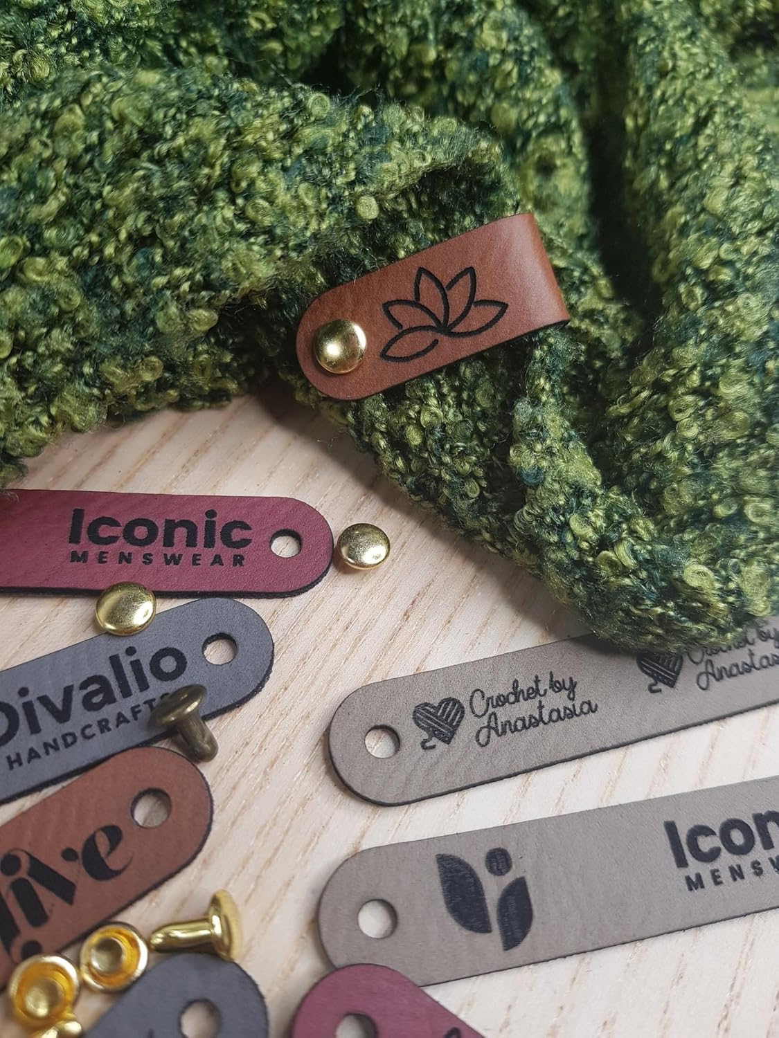Customized 2.5 x 0.5 in Faux Leather Product Tags With Rivets Personalized Tags for Knitting and Crochet, Cute Labels Handmade Perfect for Hats