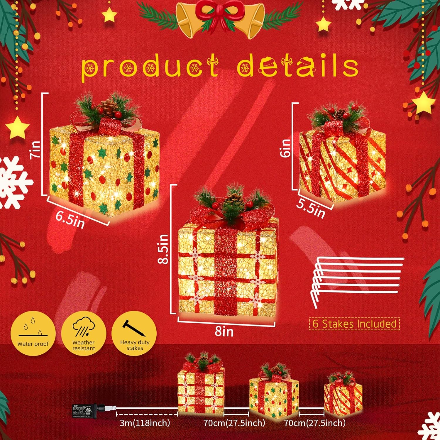 GLOWNOVA Juego de 3 cajas de regalo iluminadas grandes de 9.5 x 8 x 6.5 pulgadas, 70 luces LED superbrillantes con intermitentes, para interiores y