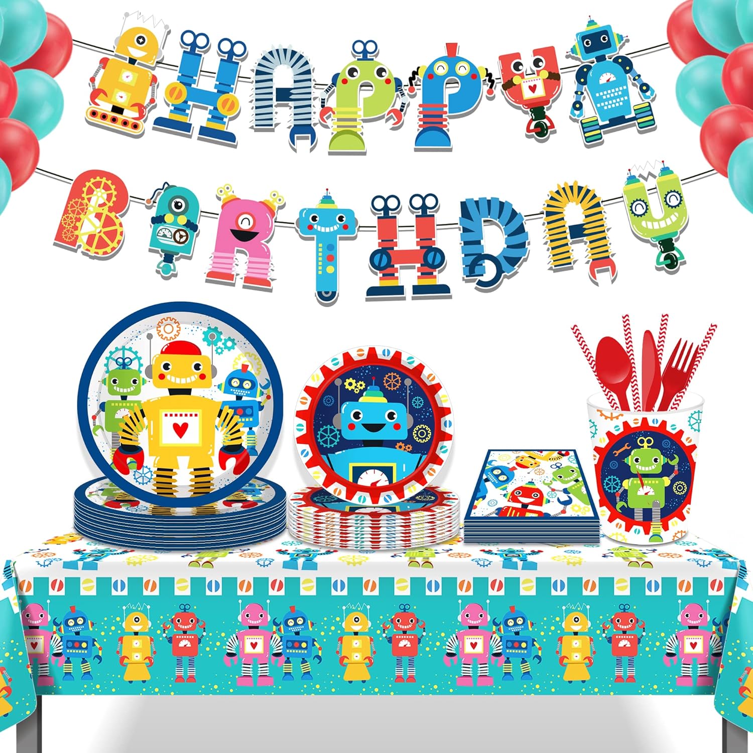 Juego de vajilla para fiesta de cumpleaños de robot de dibujos animados, sirve 24 platos de papel desechables de 7 pulgadas, platos de papel de 9
