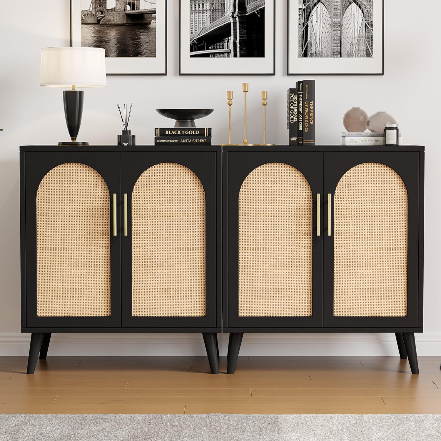 Rovaurx Gabinete de almacenamiento de ratán con puertas, gabinete de piso de baño de acento, armario de buffet moderno para sala de estar, entrada,