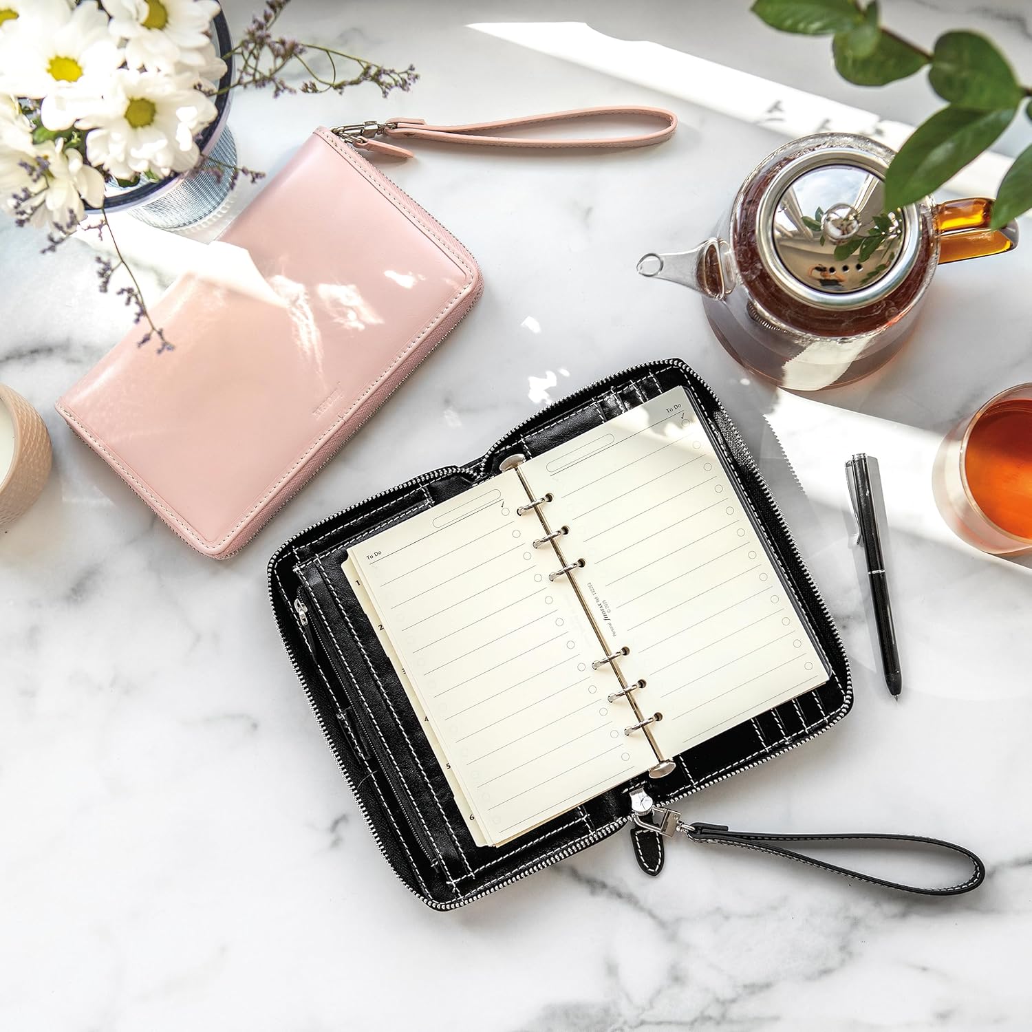 Filofax Malden – Organizador de cremallera, tamaño compacto personal, negro, táctil, piel de búfalo de grano completo, seis anillos, con calendario