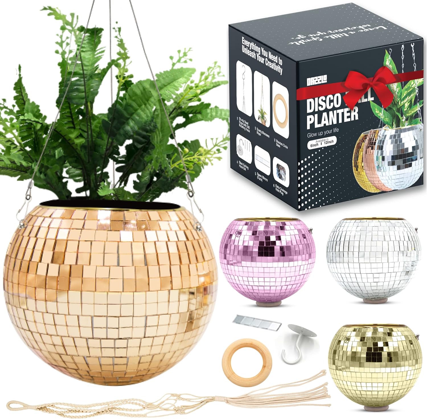 Maceta colgante de bola de discoteca de 6 pulgadas – Maceta de discoteca con cadena, cuerda, soporte y espejos de repuesto – Decoración de bola de