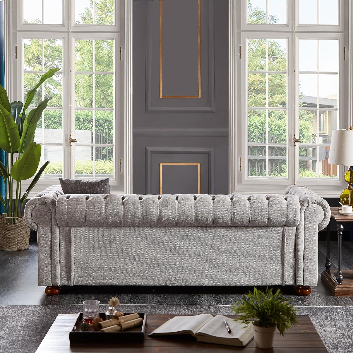 Lestar Sofá Chesterfield de 3 plazas de 88 pulgadas con decoración de uñas en tela de lino, cómodos sofás para sala de estar (gris claro)