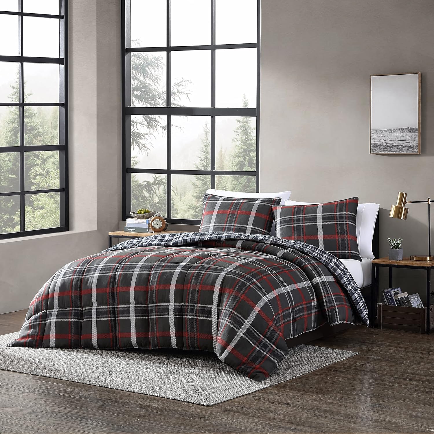 Eddie Bauer – Juego de edredón tamaño Queen, ropa de cama reversible a cuadros con fundas a juego, decoración del hogar para meses más fríos (gris