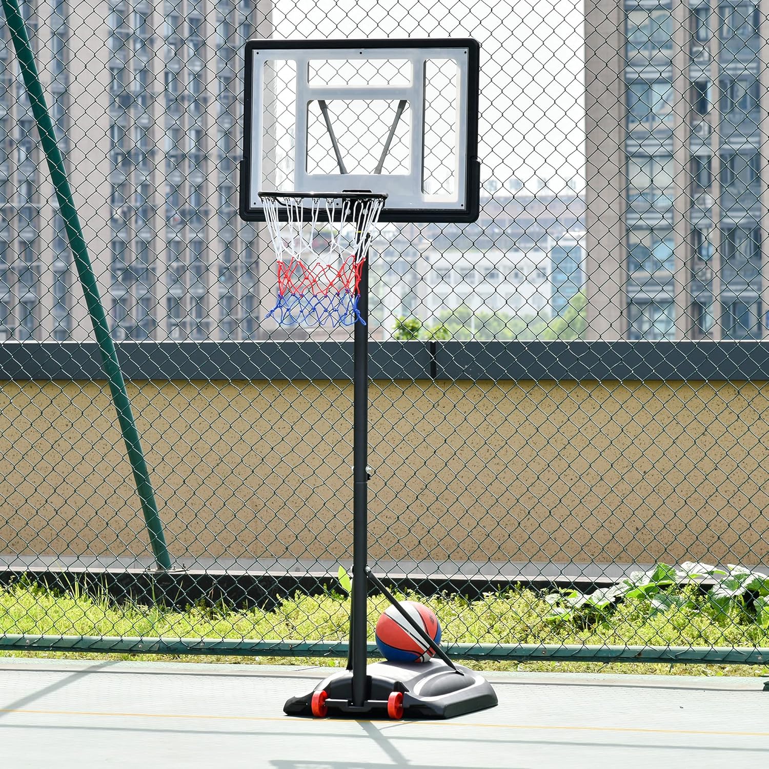 Soozier Aro de baloncesto para exteriores, portería de baloncesto portátil, altura ajustable de 5.5 a 7.5 pies con tablero trasero de 33 pulgadas y