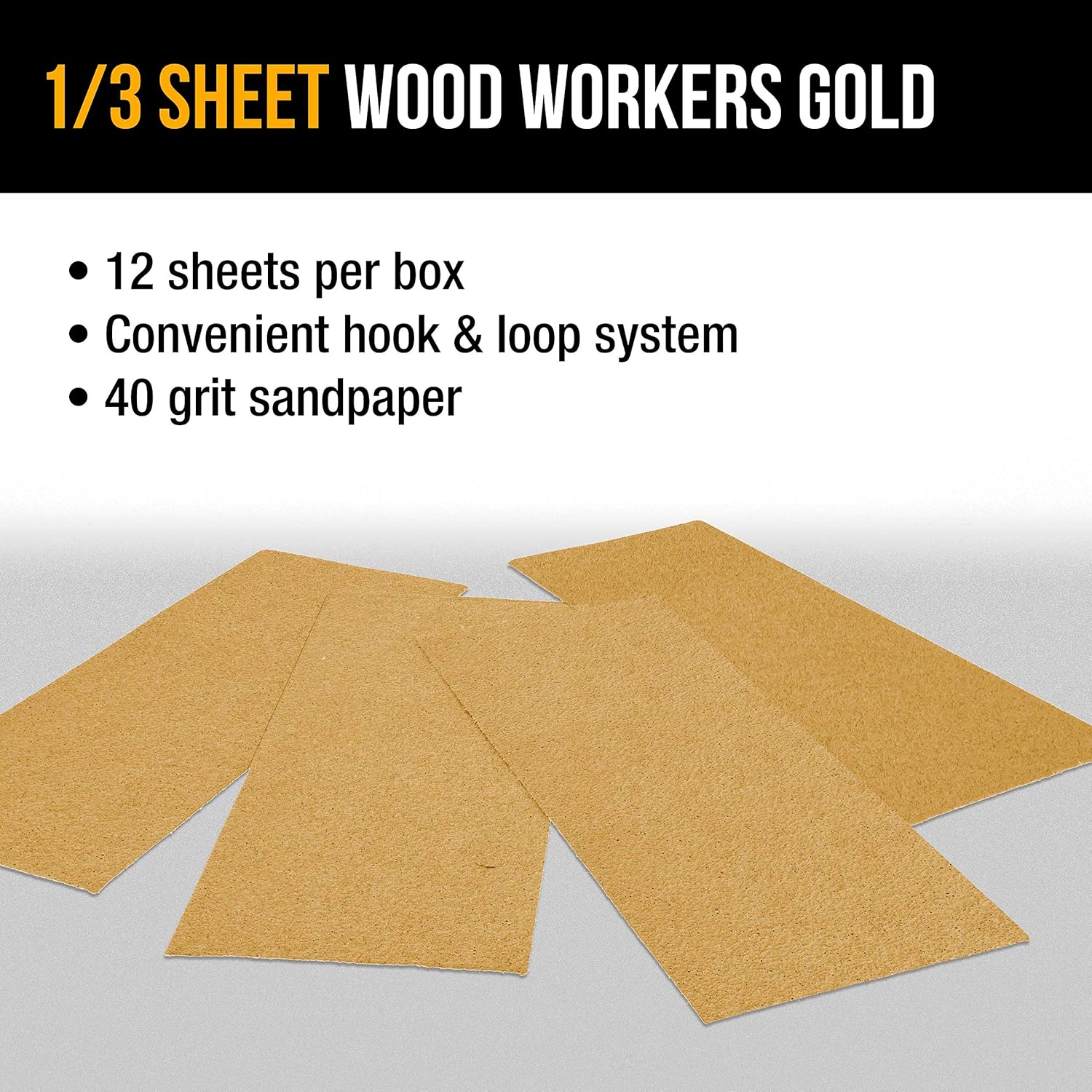 Dura-Gold Hojas de papel de lija dorado de 13 hojas, grano 40 (caja de 12)  3-23 x 9 pulgadas, soporte de gancho y bucle de tamaño de 3-23 x 9