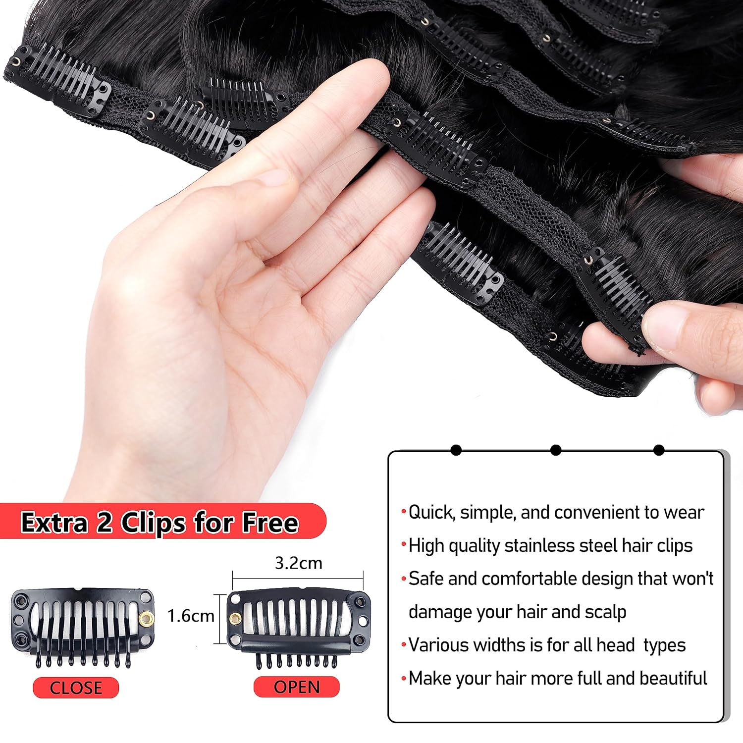 Extensiones de cabello humano virgen 100% Remy, con pinzas, 16 clips, 3.53 onzas, extensiones de cabello humano ondulado de doble trama, invisibles