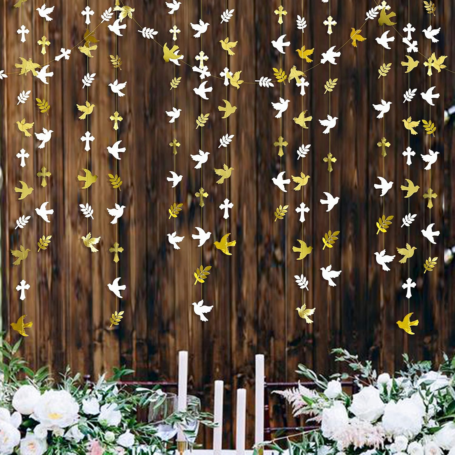 Guirnalda de papel de cruz de hojas de olivo doradas y blancas de 40 pies para primavera, boda, baby shower, cumpleaños, compromiso, primera