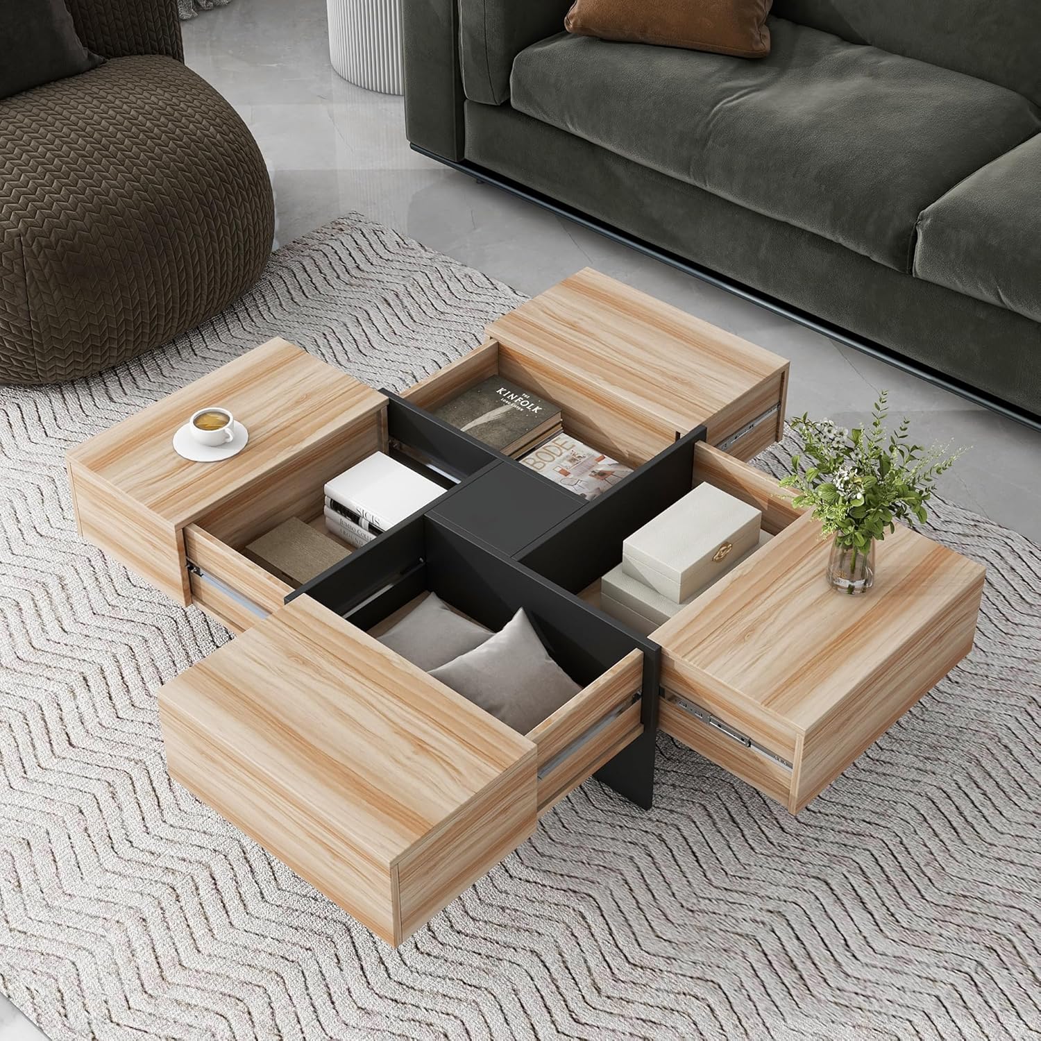 Merax Mesa auxiliar, moderna mesa de centro extensible con 4 compartimentos de almacenamiento ocultos, mesa de cóctel central cuadrada de alto