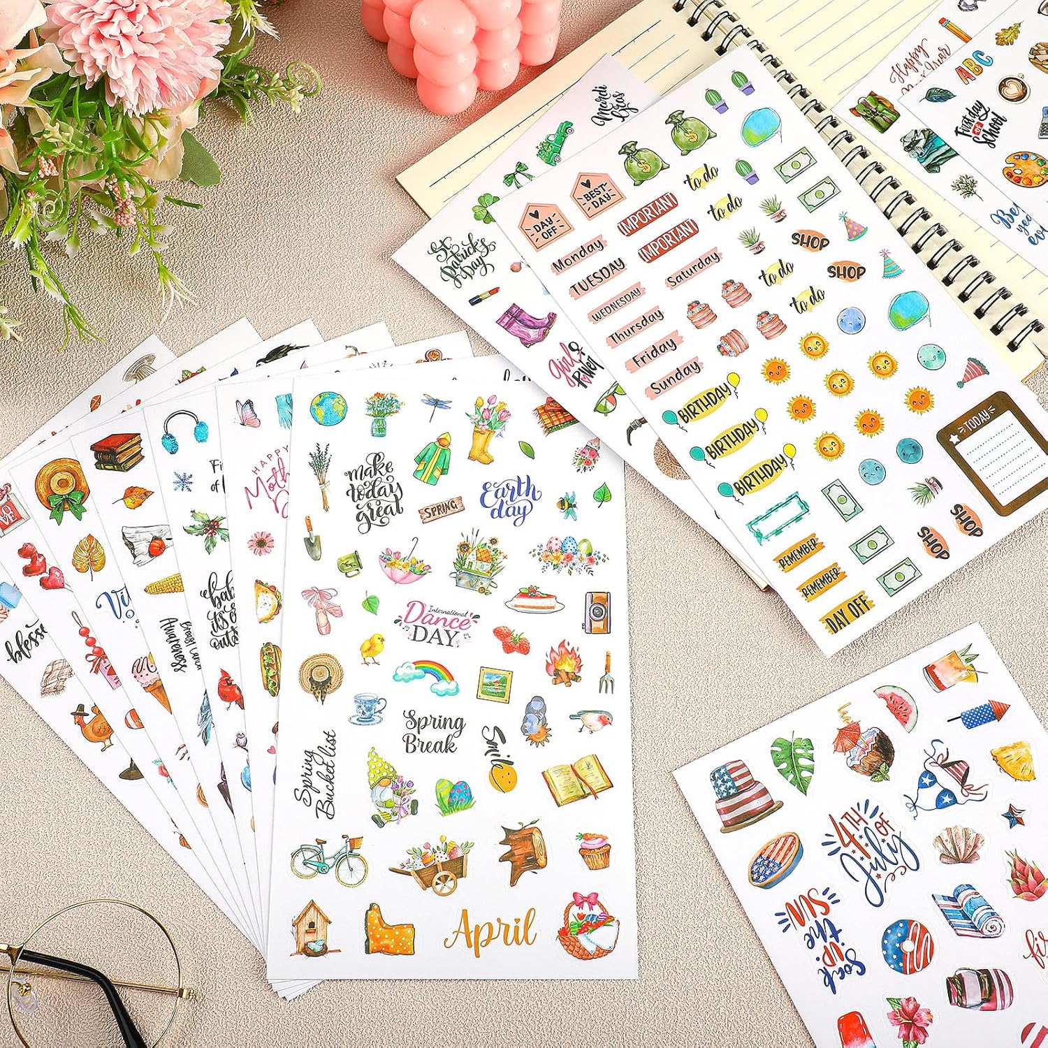 30 hojas de más de 1500 piezas de calcomanías de agenda mensual, paquete de calcomanías vintage de temporada, calcomanías de calendario festivo,