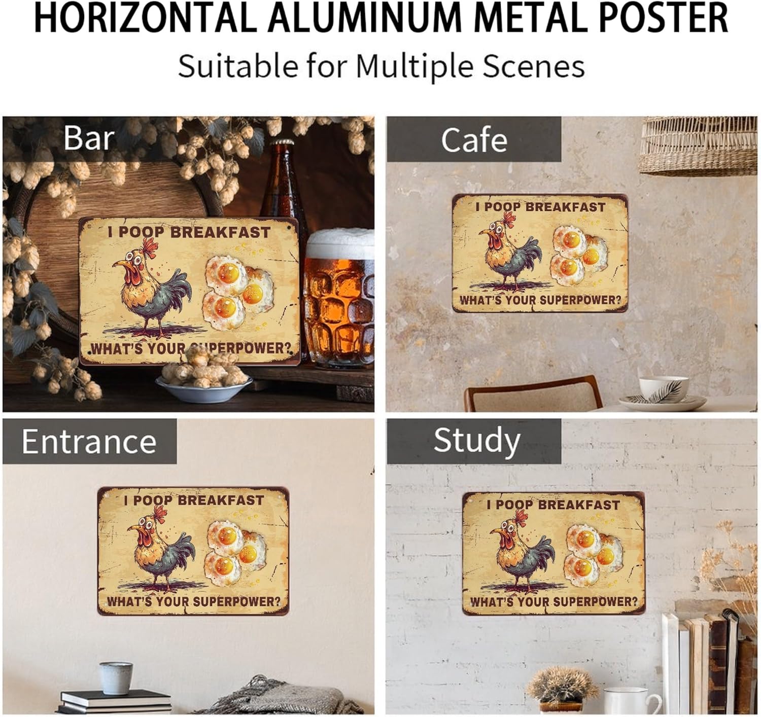 Cartel de desayuno de pollo I Poop de aluminio para colgar en la pared, decoración de arte de pollo para casa, habitación, tienda, oficina, 12 x 8