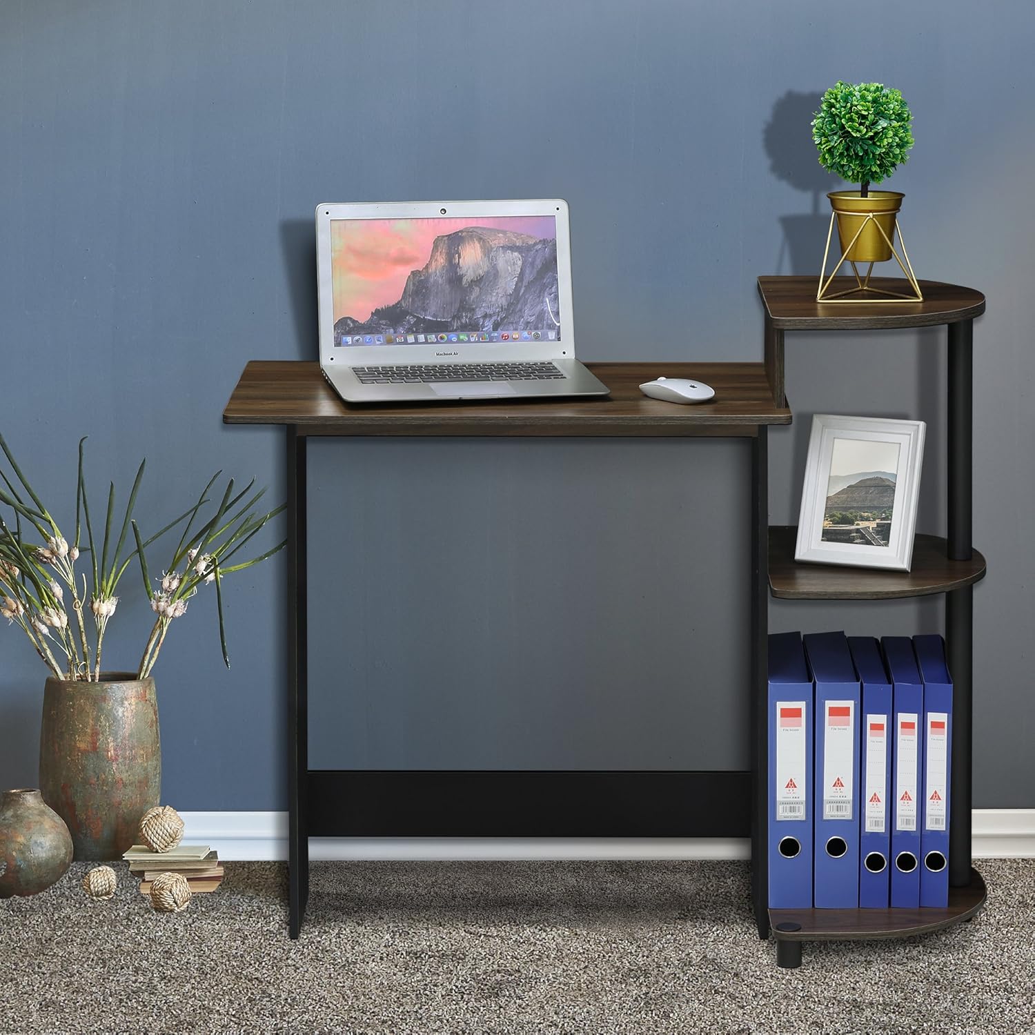 Furinno – Escritorio compacto para computadora con estantes, Tablero de partículas, Columbia NogalNegro