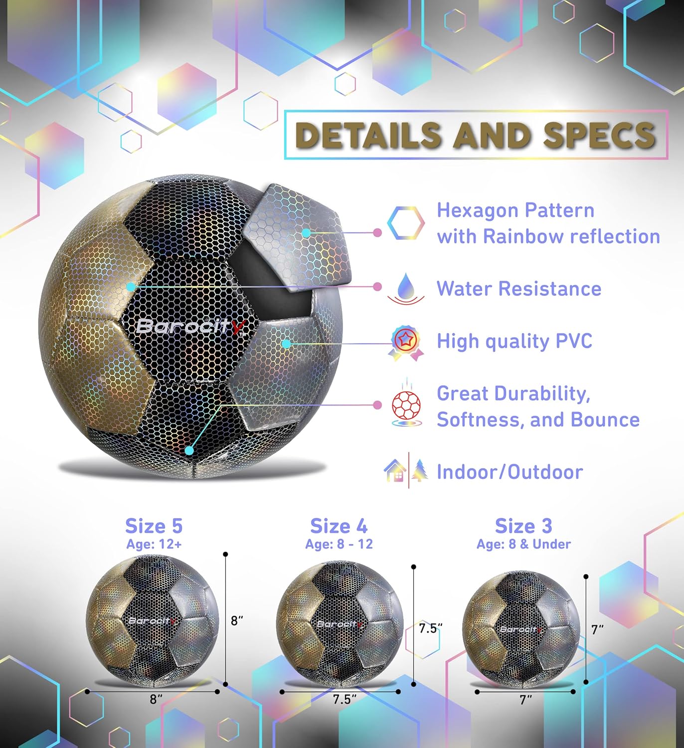 Barocity Balón de fútbol  Pelota oficial de primera calidad para niño y niña con genial patrón hexagonal iridiscente iridiscente de arcoíris,