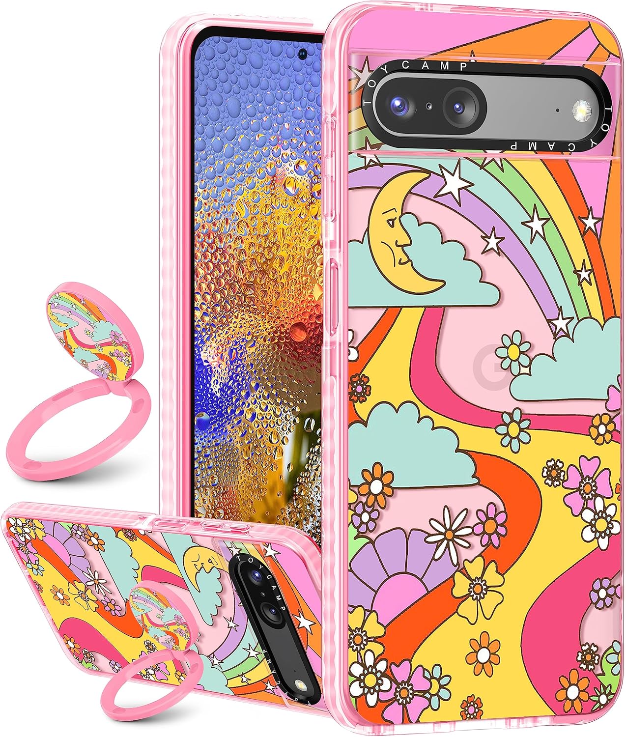 Toycamp Funda para Pixel 7 con soporte para anillos, diseño retro de arcoíris, sol, río, flores, caricatura, a prueba de golpes, para Google Pixel