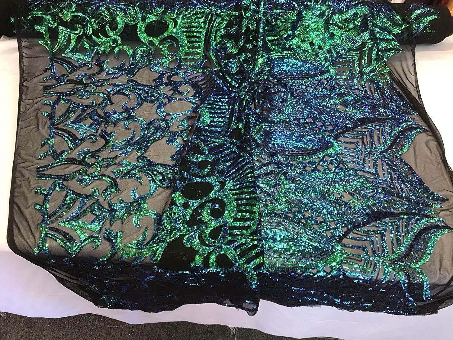 Diseño iridiscente de realeza bordado con lentejuelas en una tela de malla elástica de 4 vías (verde sobre negro, 3 yardas)