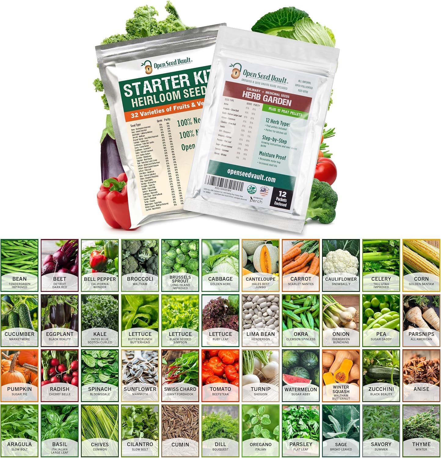 Open Seed Vault Paquete variado (44 variedades) semillas de jardín de hierbas, kit de inicio de semillas de jardinería, alimentos para equipos de