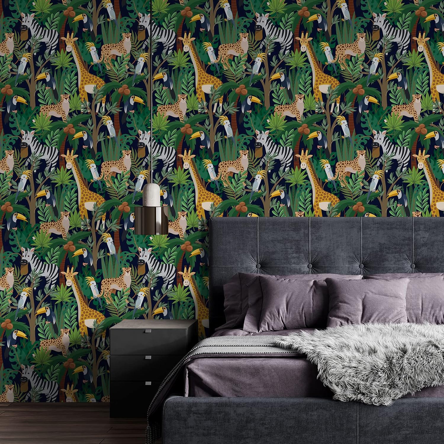 Papel tapiz de 17.7 x 236 pulgadas con estampado de animales, papel de contacto para niños, hojas de palmera verde, papel de contacto para