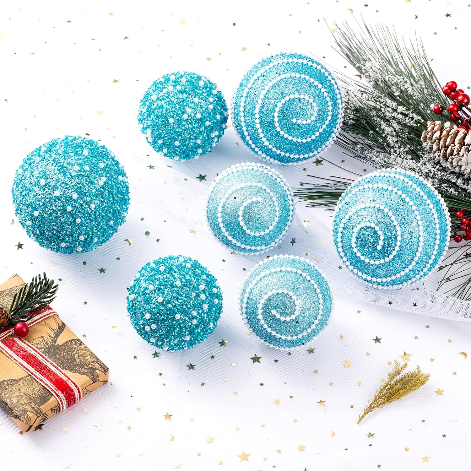 Adornos de bola de Navidad color azul bebé, decoraciones de bolas de Navidad inastillables de plástico colgantes para fiestas de vacaciones (3.543