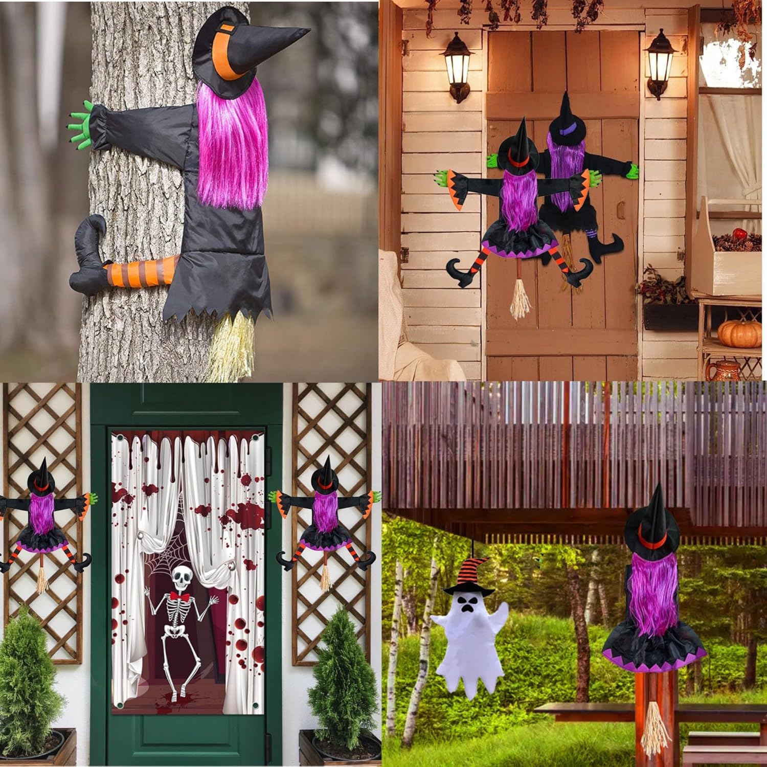 Gran bruja que se estrella en el árbol, decoraciones de Halloween al aire libre, accesorios de bruja estrellada, accesorios para colgar, decoración