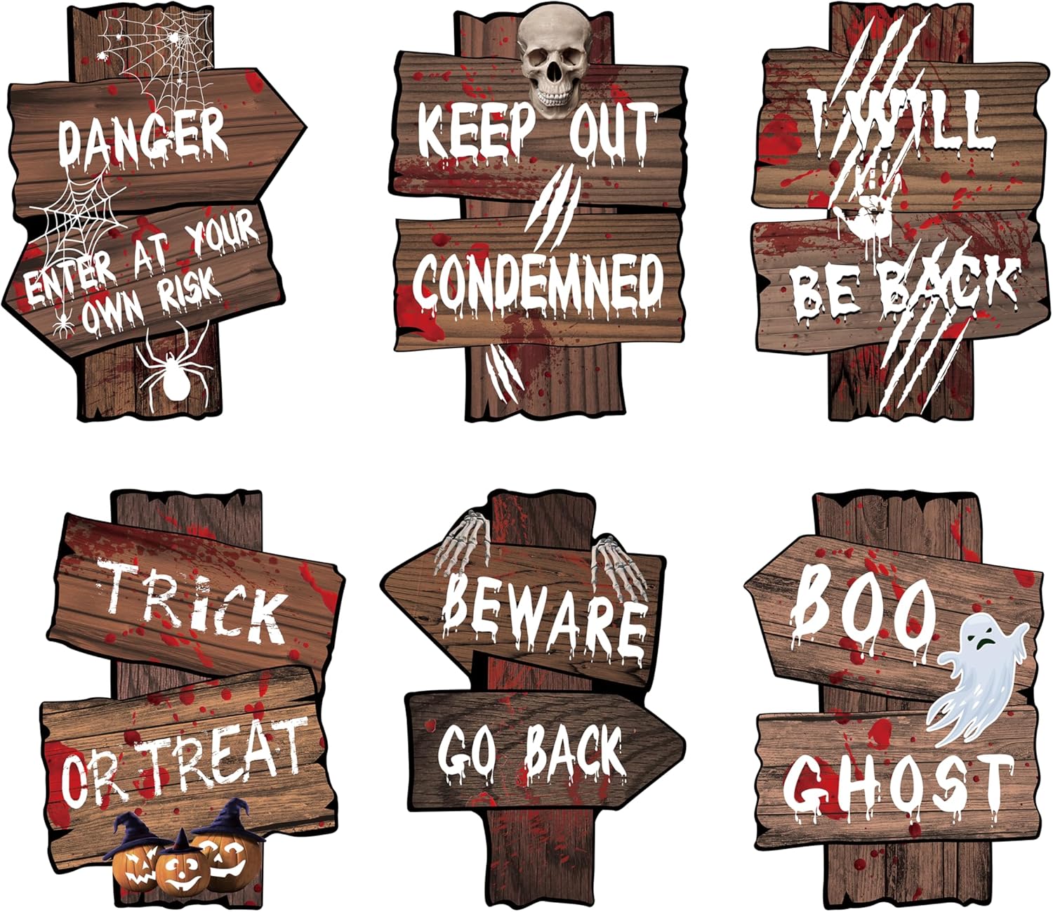 Decoraciones de Halloween con texto en inglés Beware Yard Sign para exteriores, 6 piezas de letrero de advertencia que brilla en la oscuridad,