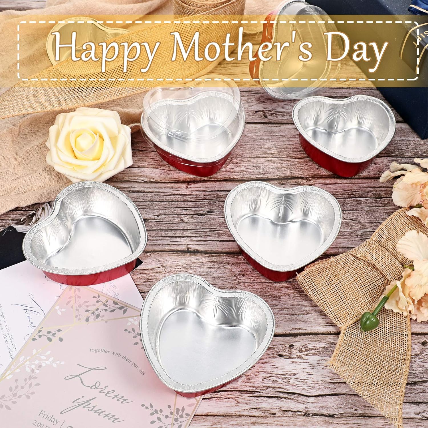 Molde de aluminio para tartas en forma de corazón con tapas, 3.4 fl oz3.4 onzas, desechable, mini taza, flan para hornear, para San Valentín, Día de