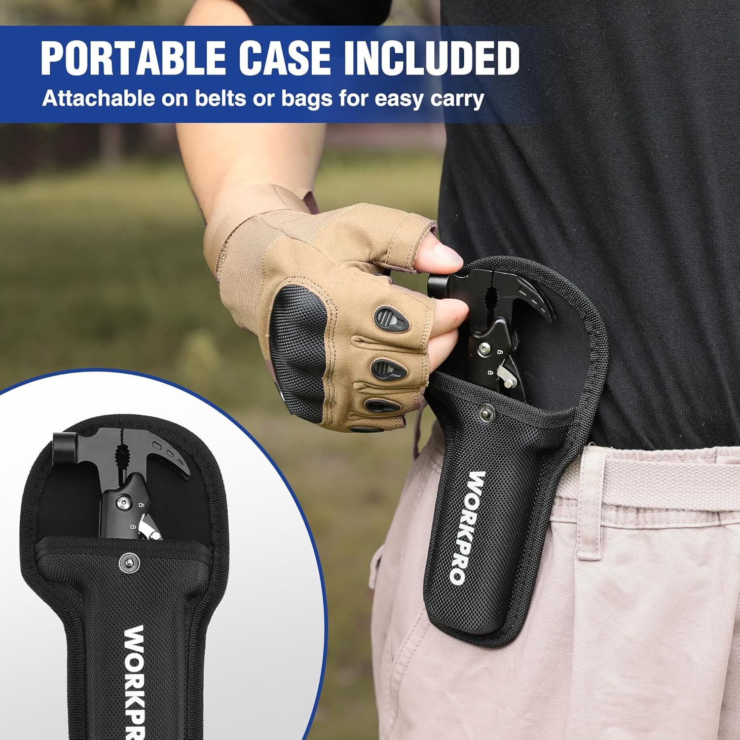 WORKPRO Multitool-Herramientas de camping 12 en 1 con mini martillo-EDC Gear Multi Herramientas Martillo con bloqueo de seguridad y bolsa, Mini